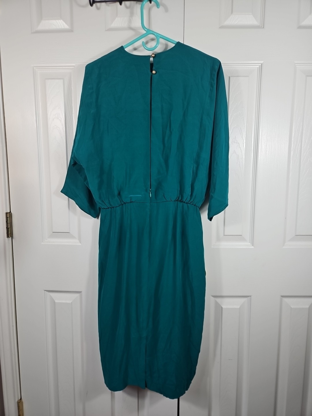 80s Glam 100% Silk Teal Cocktail Dress 6 Open Back Shoulder Pads Luxury Dallas