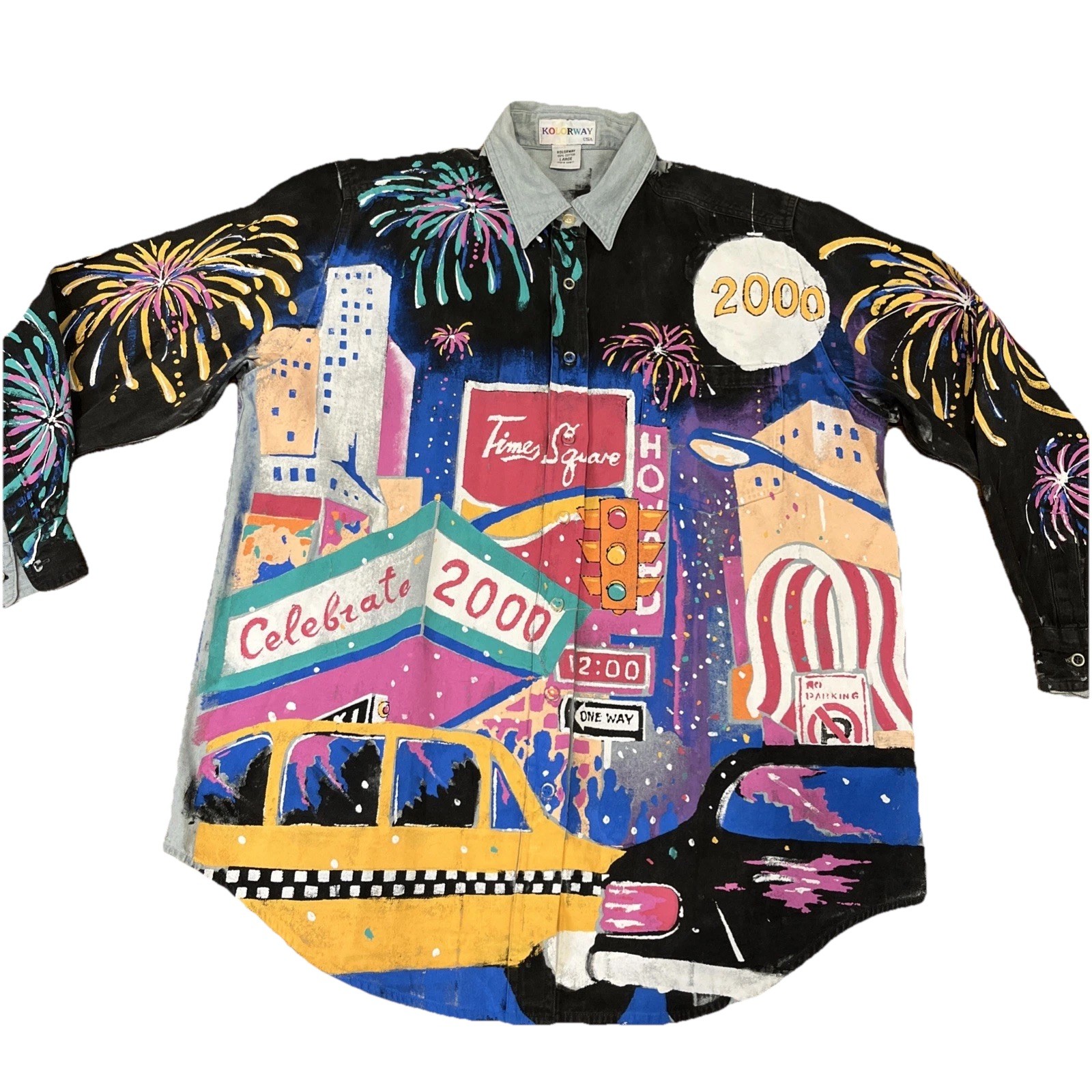 VTG Y2K Kolorway Upcycled Hand Painted New York City NYC 2000 Shirt NYE Denim