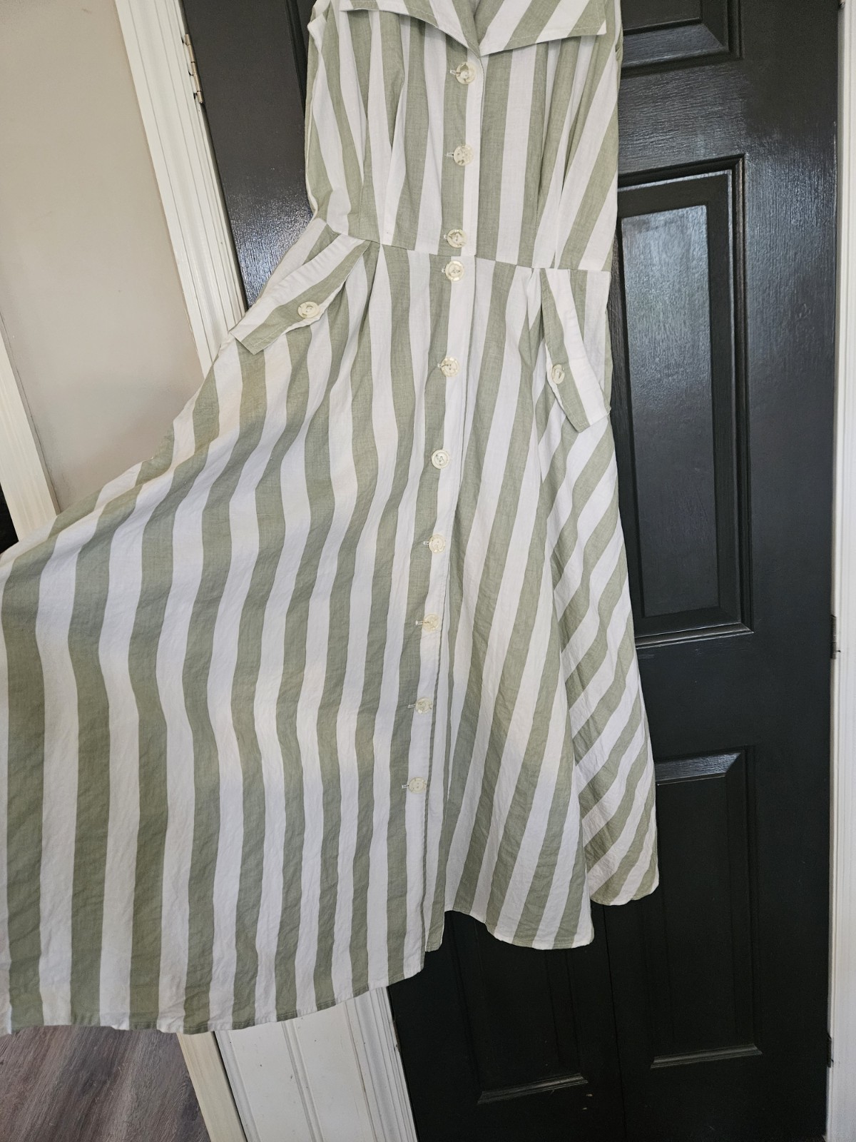 Vintage Rabbit Designs Striped 100% Cotton Green And White Collared Dress Sz 10