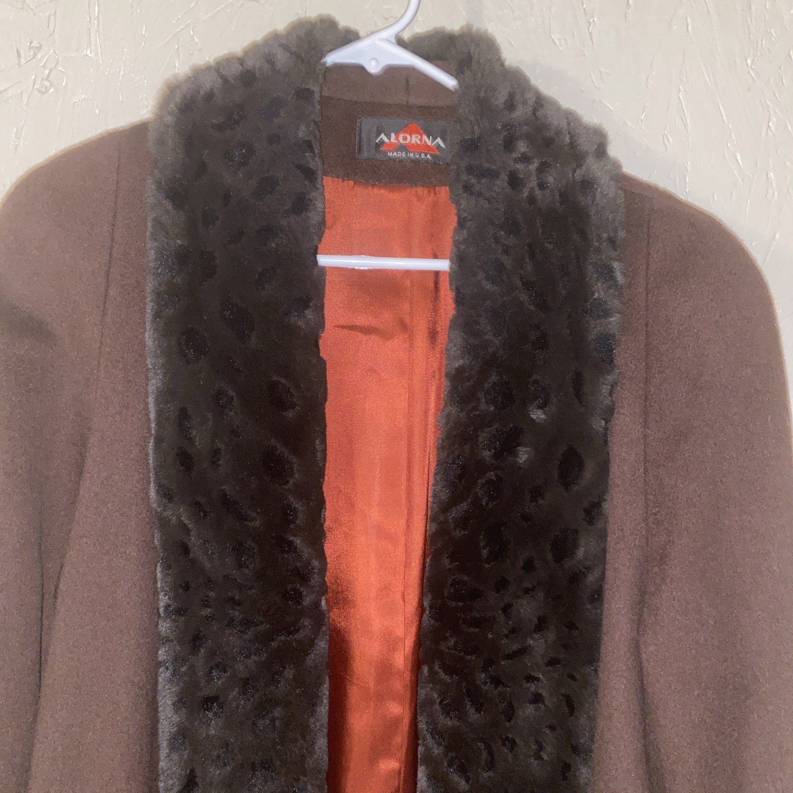 Alorna Brown Wool Coat with Black Faux Fur Trim, Vintage,75% Wool