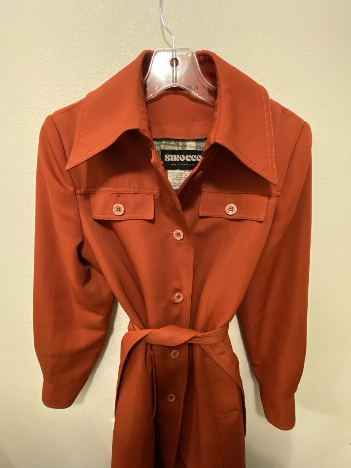 Vintage 1970s Sirocco Rust Orange Trench Coat Plaid Lining Belt Sz 12 Exc
