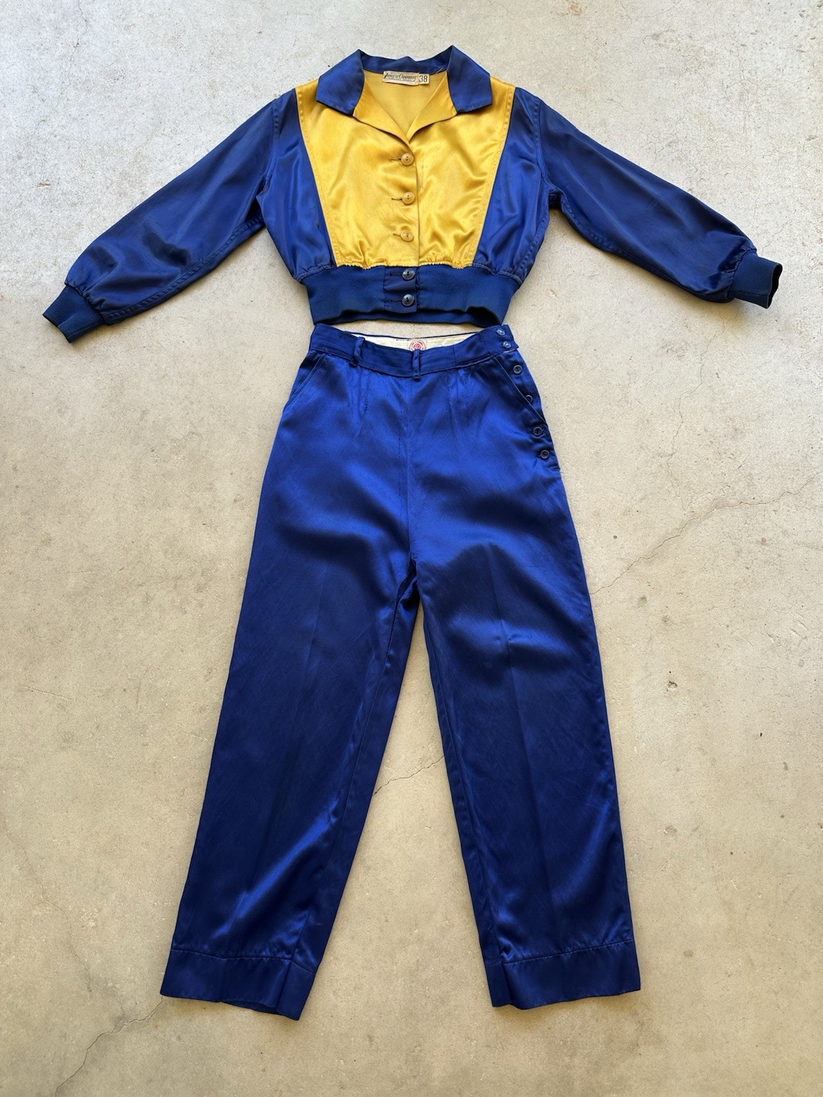 1930s Lowe & Campbell Blue Gold Satin Sportswear Set Western Ranchwear Rodeo