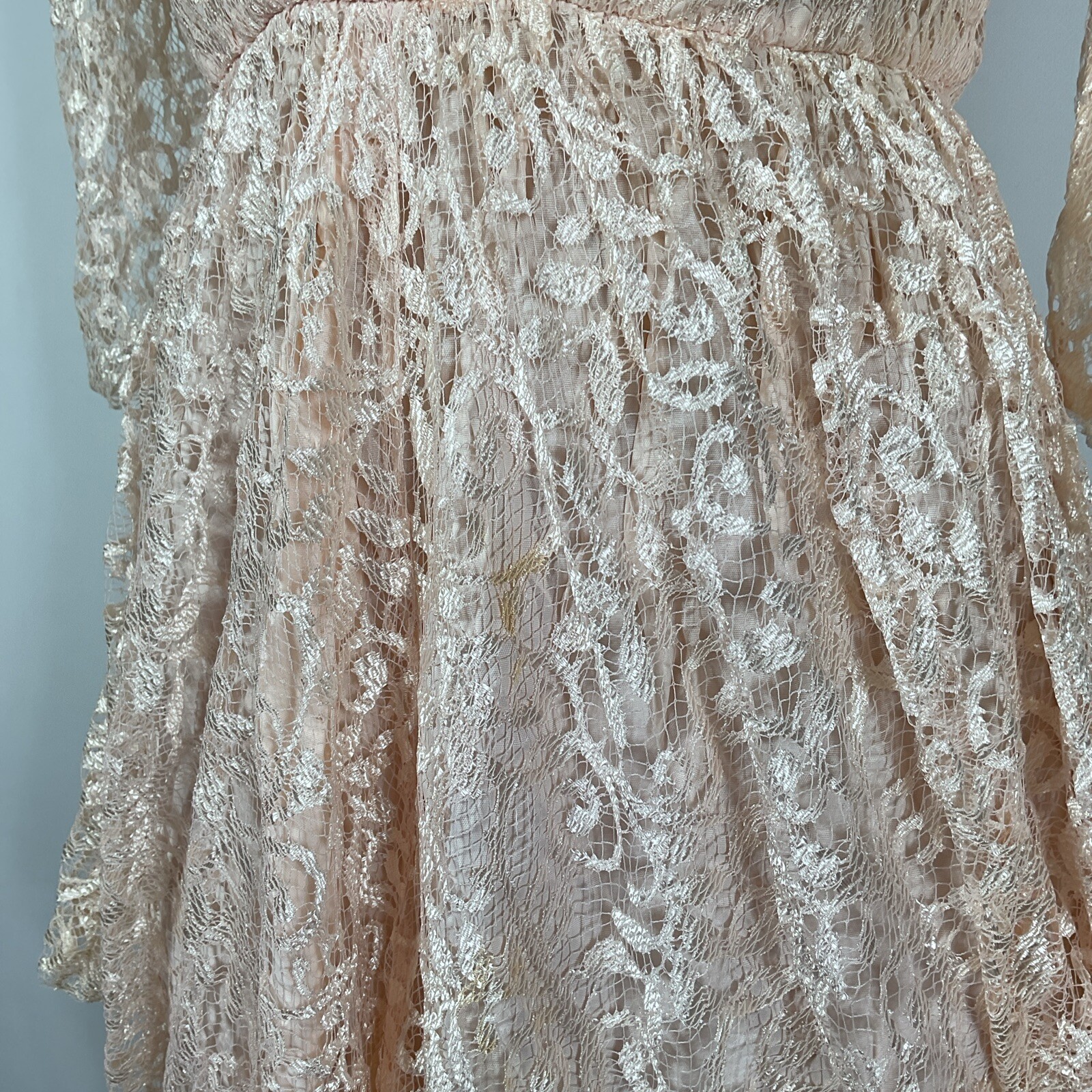 Vintage 80s Tulip Hem Peach Lace Dress Puffy Sleeve Party Prom Cocktail S/M