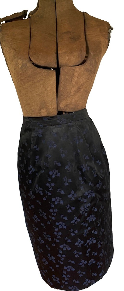 Vintage Pilar Rossi Skirt Navy Floral Jacquard Black Silk Pencil 8