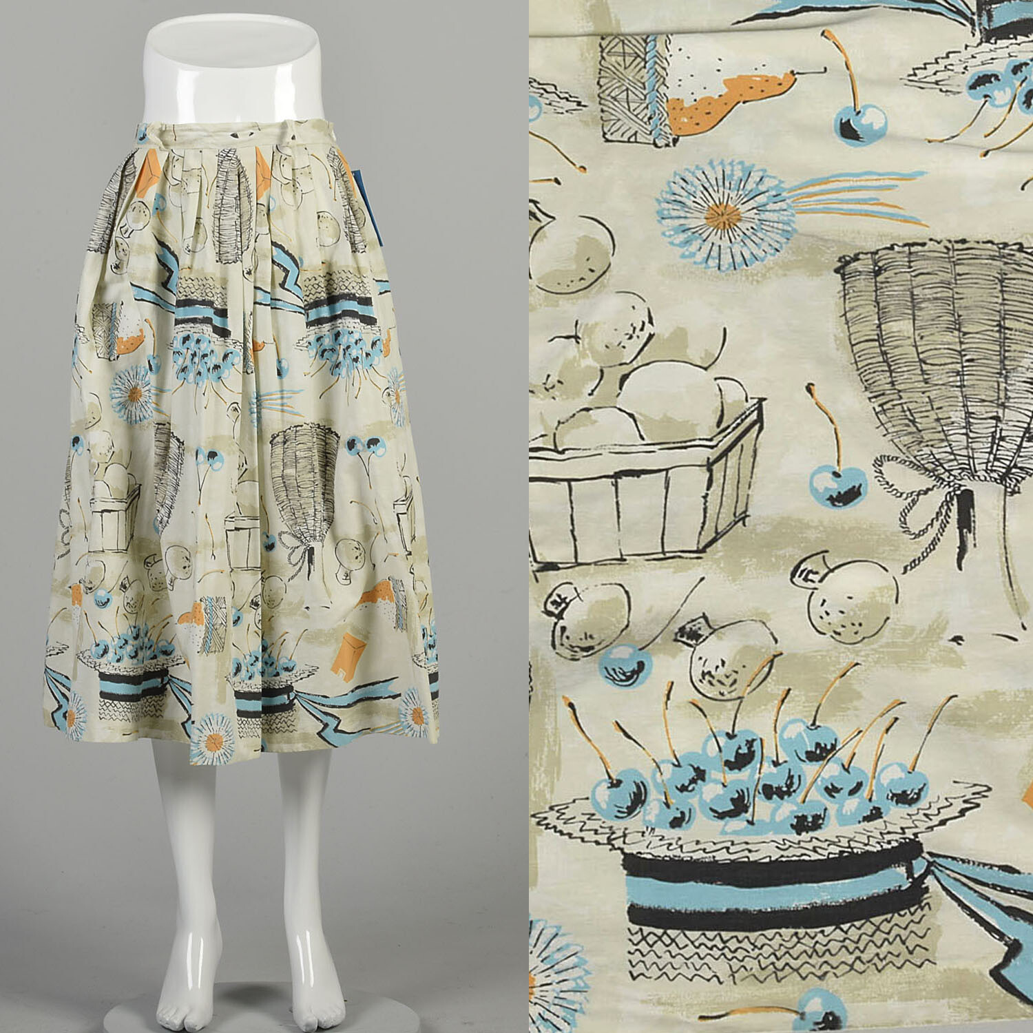 Medium 1950s Novelty Cotton Skirt Beige Tan Blue Orange Food Wine Tea Length