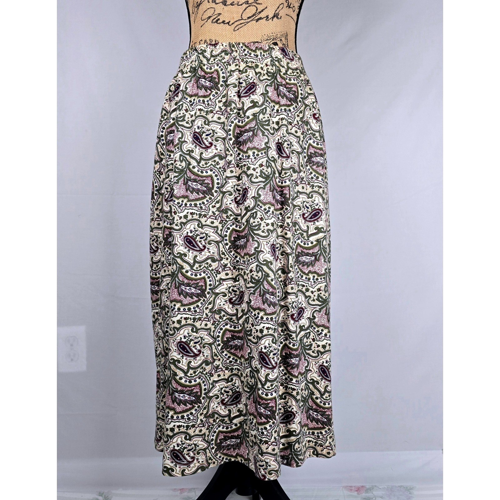 Vintage Van Heusen for Her Paisley Maxi Skirt Cotton Elastic Waist Green Large