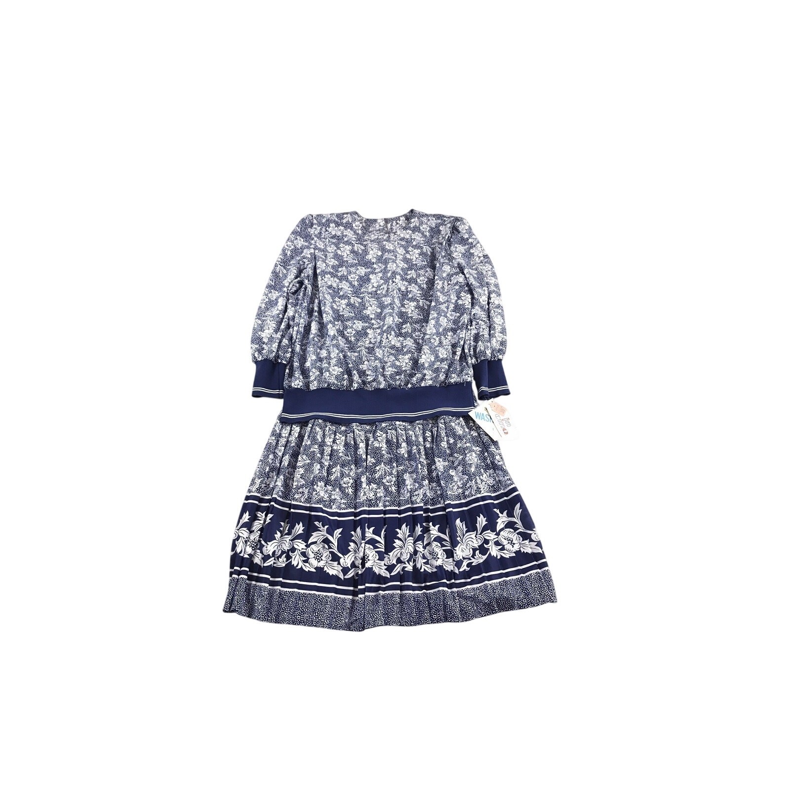 Vintage Skirt Set Blue and White Floral Top Shoulder Pads In Cinq Size 20 NWT