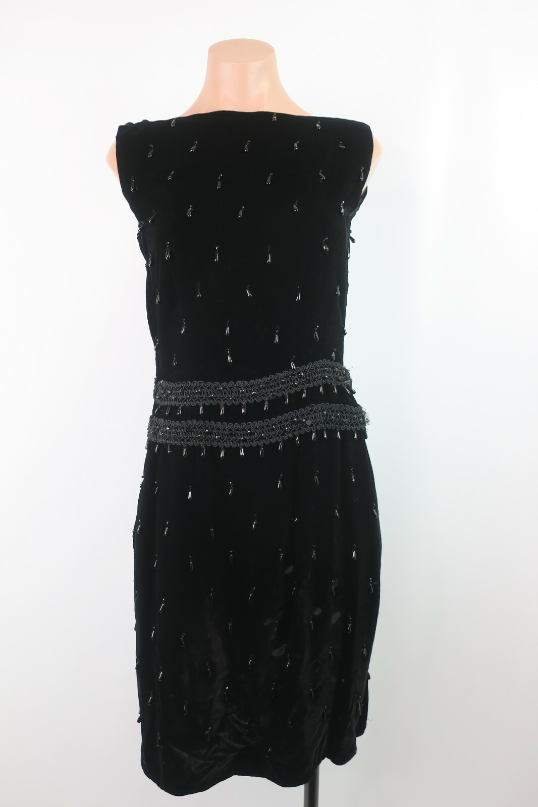 Vtg 70s 20s Flapper Tassel Sheath Gatsby Party Beaded Velvet Trophy Dress Sz S