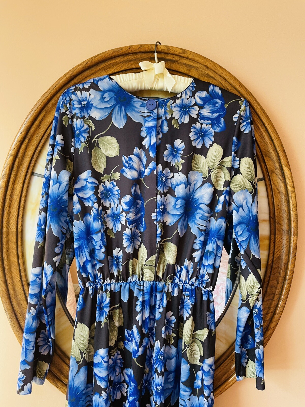 Vintage 1980’s Carol Wright Black Blue Floral Print Poly Dress S/M