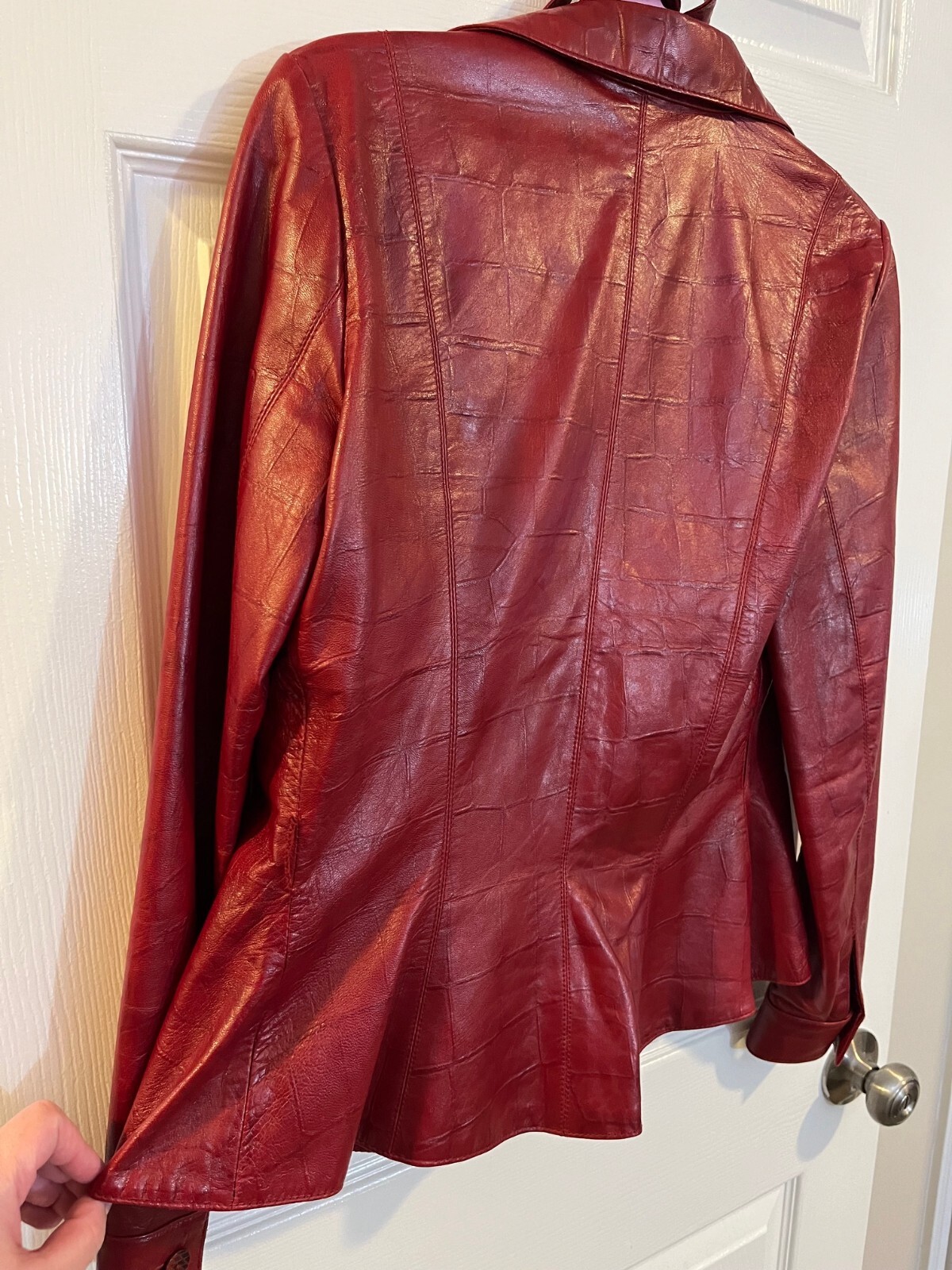 Noviello Bloom Vintage Red Leather Jacket Croc-Embossed Wrap Belt Size 4 Women’s