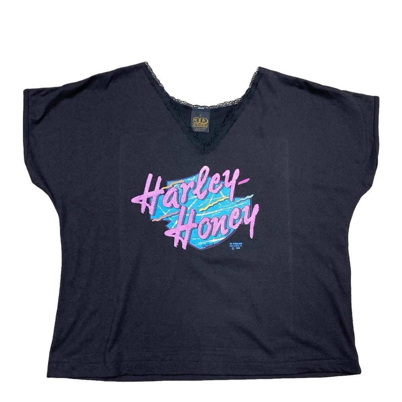 Vintage 1990 3D Emblem Harley Honey V-Neck Women’s Lace Eyelet Trim Shirt L