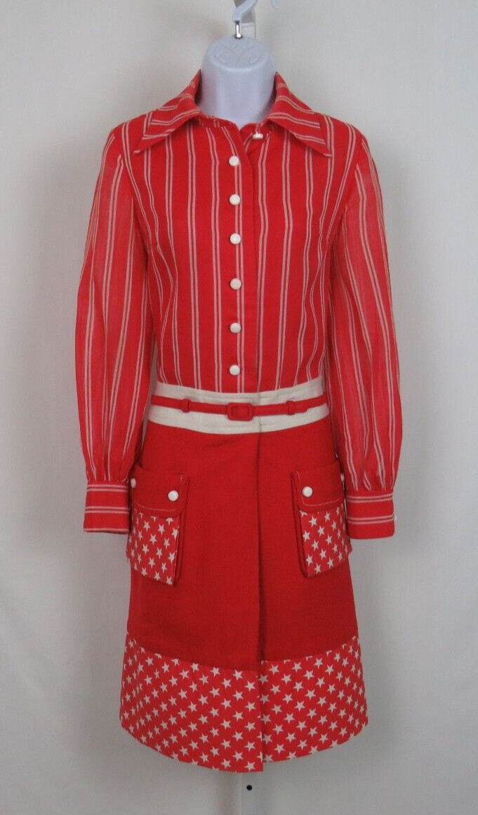 VTG 1950s HOWARD WOLF RED SHIRT DRESS WHITE STARS STRIPES BELT LINEN BLEND