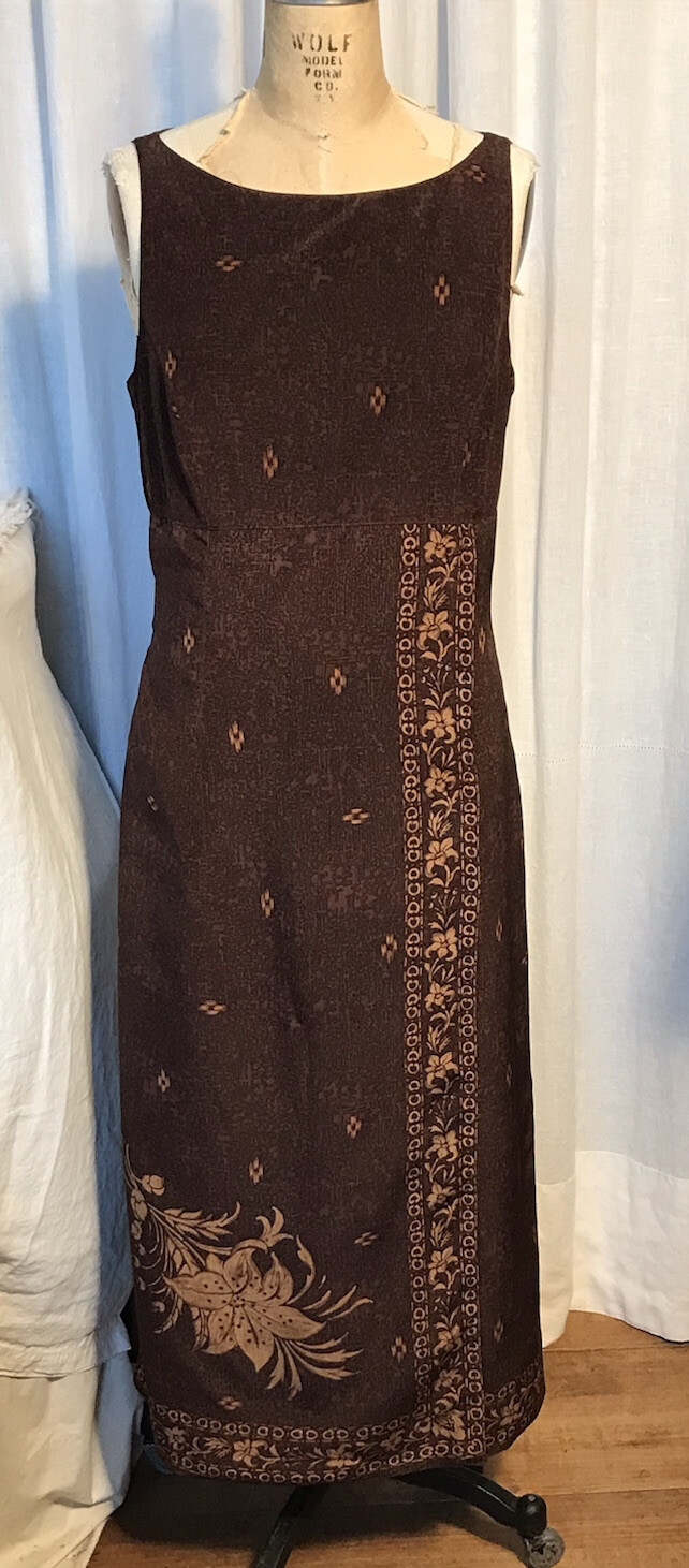 Vintage Kay Unger Brown Print SilkSleeveless Long Dress Sz 10 pre-owned