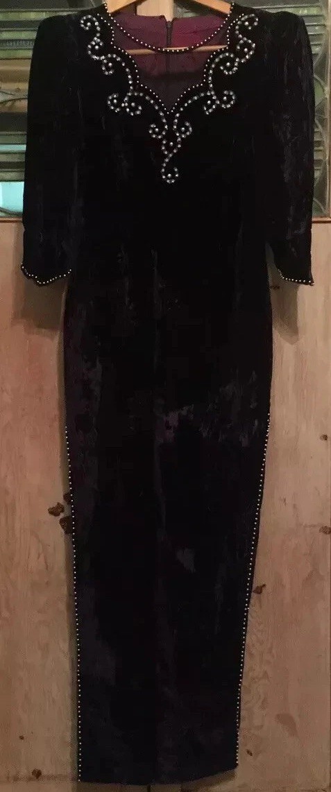 Vintage Crushed Velvet Dress Dark Purple Embellished Whimsi Goth Boho EUC