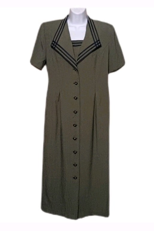 Academia Olive Green Button-Down Maxi Dress Edwardian Victorian Vintage 12P