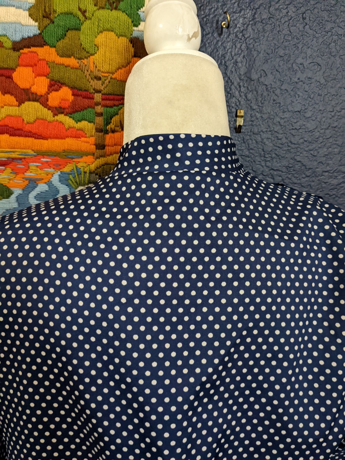 VTG 1970s Lee Mar Necktie Button Blouse Shirt Blue Polka Dot Sears Sz 14 Large L