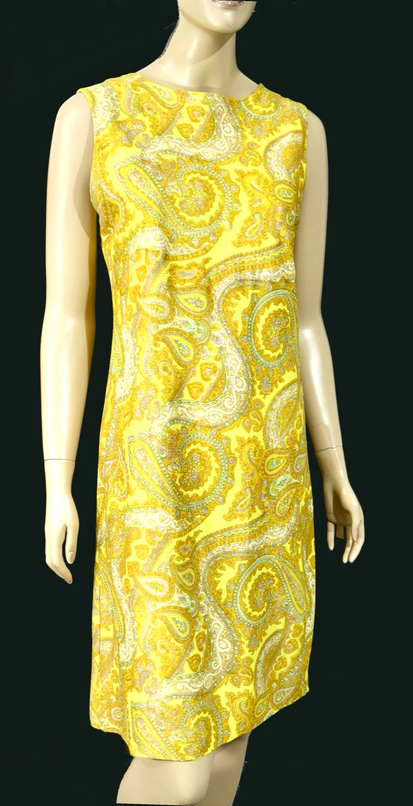 Vintage 70s Mod Terry Chicago Sleeveless Yellow Paisley Shift Sheath Dress S/M