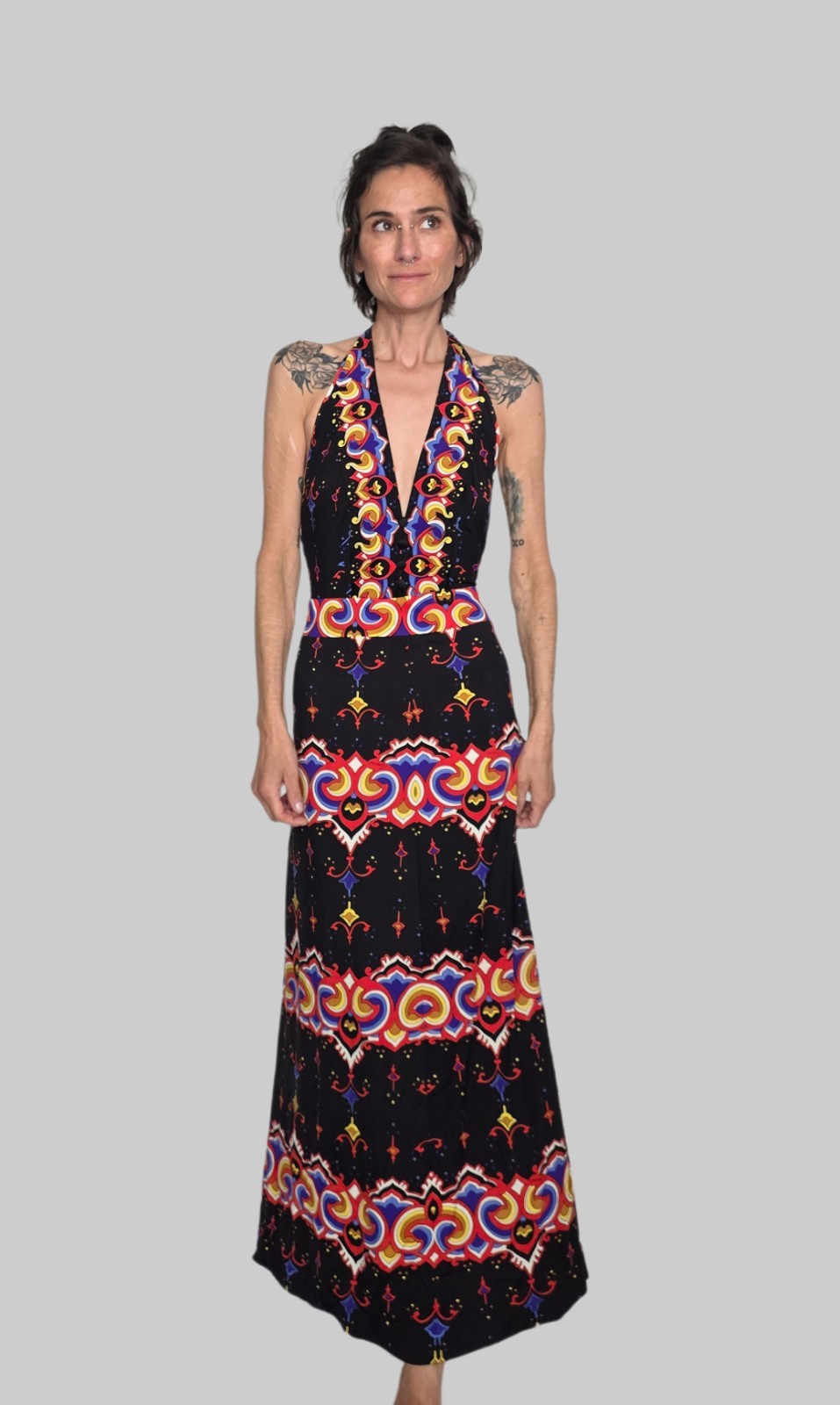1970s Armonia Psychedelic Halter Maxi Dress | Italian Open Back Maxi Dress | Mod