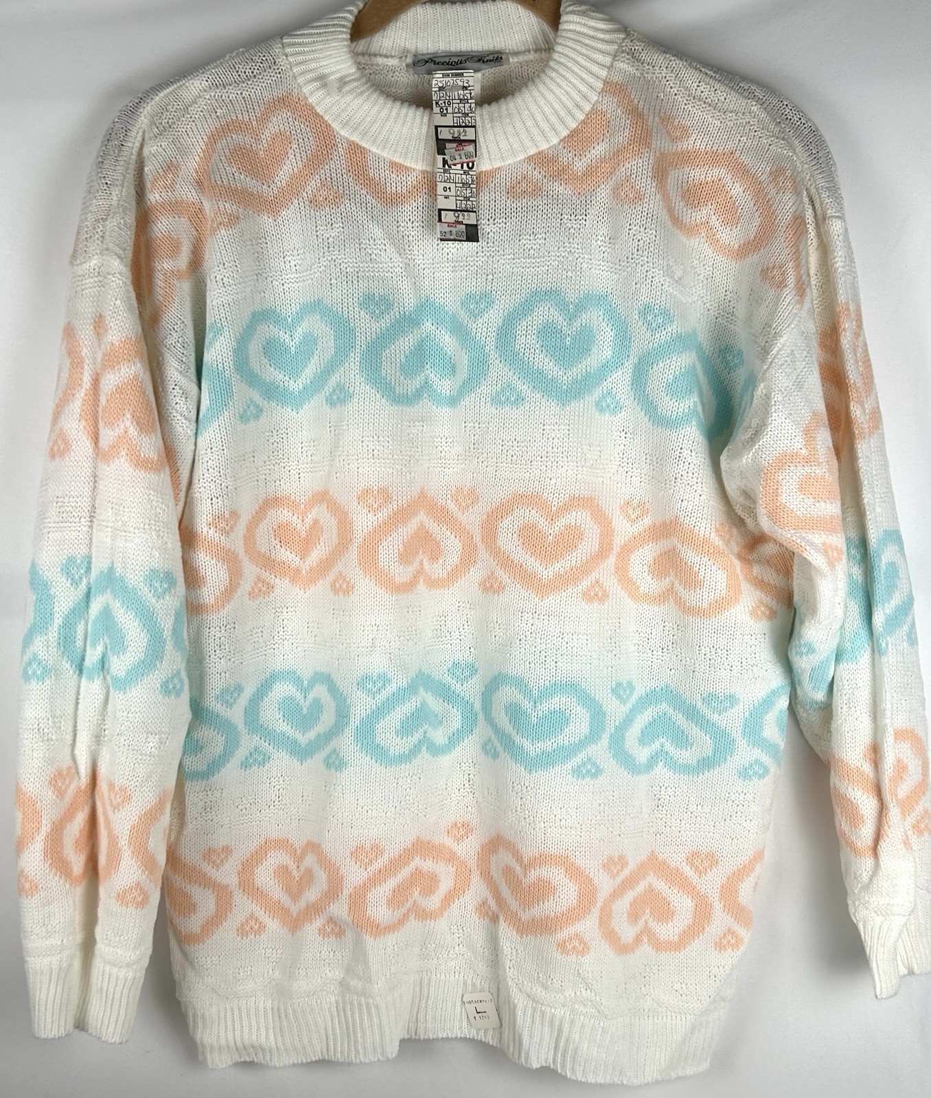 NWT Vtg 80s Fairy Kei Heart Pastel Sweater Womens Sz L Pullover Precious Knits