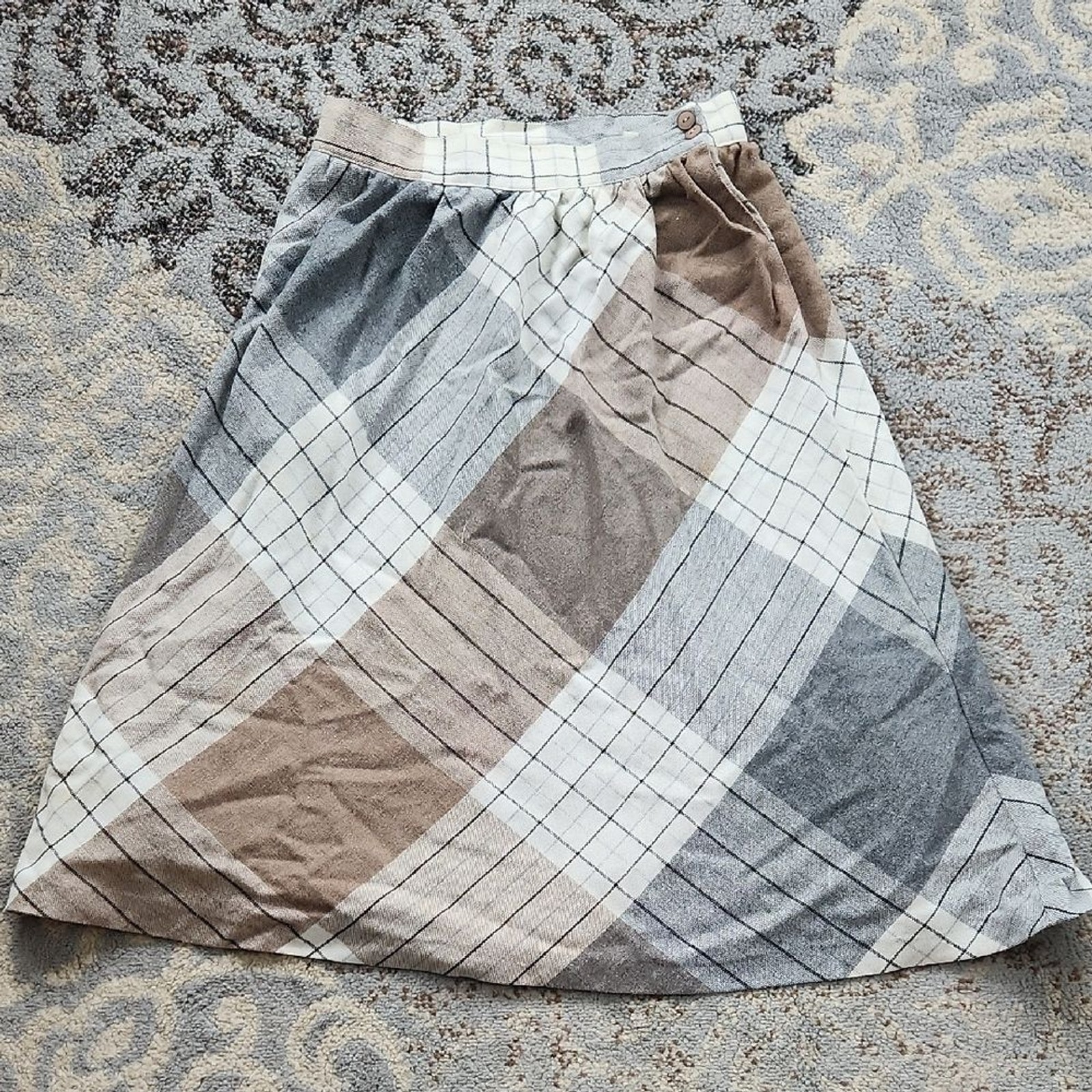 Vintage T.R. Bentley Wool Blend A-Line Plaid Skirt Tan Gray