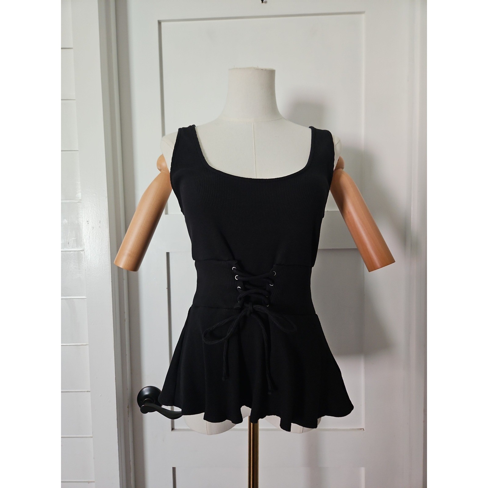 Y2K Aesthetic Corset Top Medium Black Peplum Lace Up Ribbed Grunge Streetwear