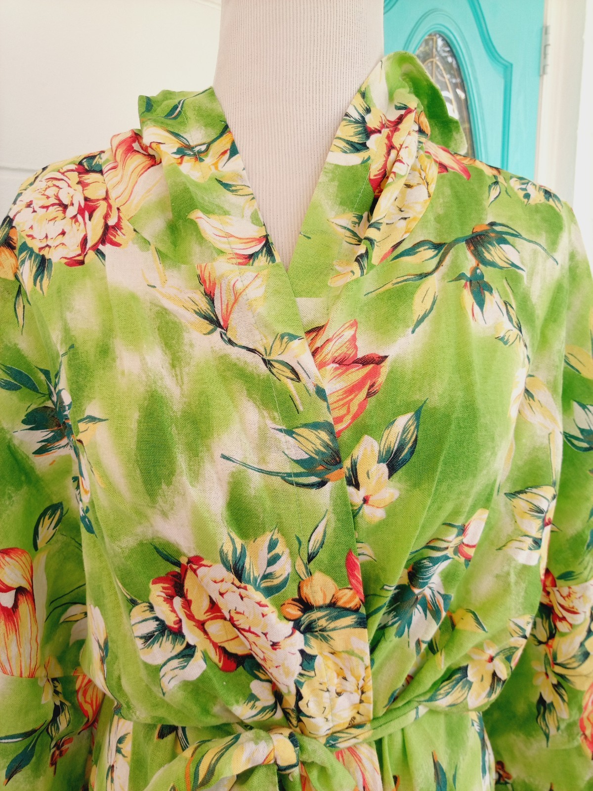 VTG Green Floral Hawaiian Bath Robe w/ Hood LARGE Cotton Barkcloth Tropical USA