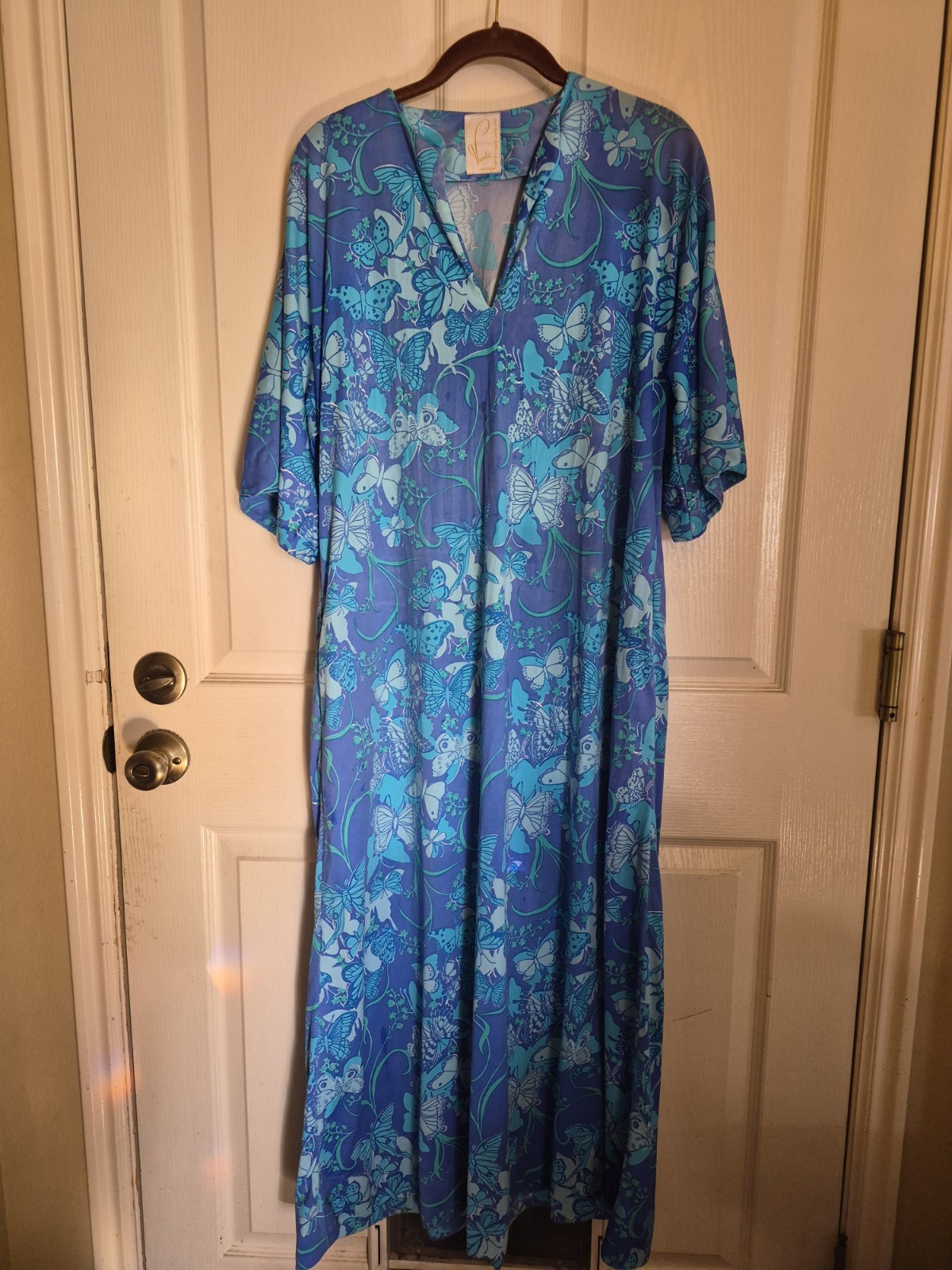 VANDA Key West Hand Printed VTG 70s Women’s Maxi Kaftan BLUE BUTTERFLIES L XL