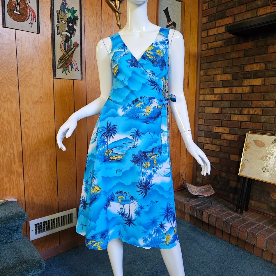 Vtg 80s Hawaiian Full Skirt Sarong Wrap Tiki Vegas Pool Beach Resort Dress M/L