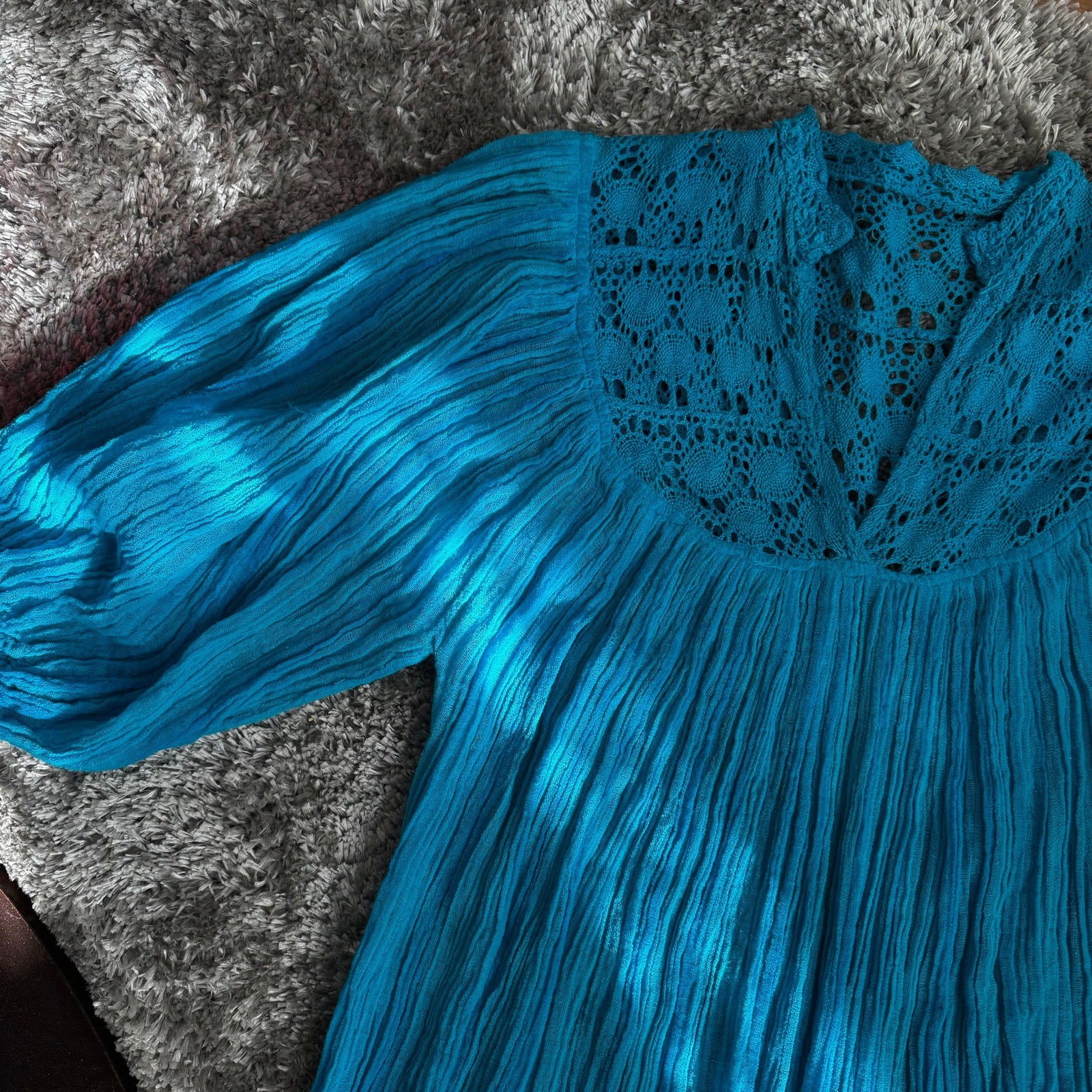VTG 1970s Oaxaca Boho Hippie Turquoise Blue Cotton Gauze Flowy Dress Size S/M