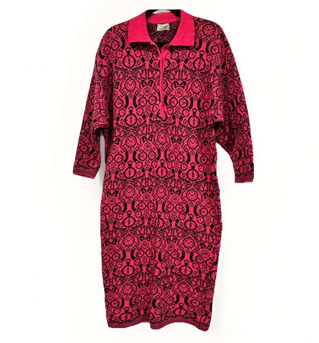 Benetton Italy Sweater Dress Size 44 Pink Black Knit Long Sleeve Abstract Vtg
