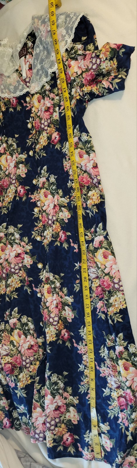 Vintage 80’s Floral Lisa II 14P Blue Modest Dress Retro Lace Collar Garden Party