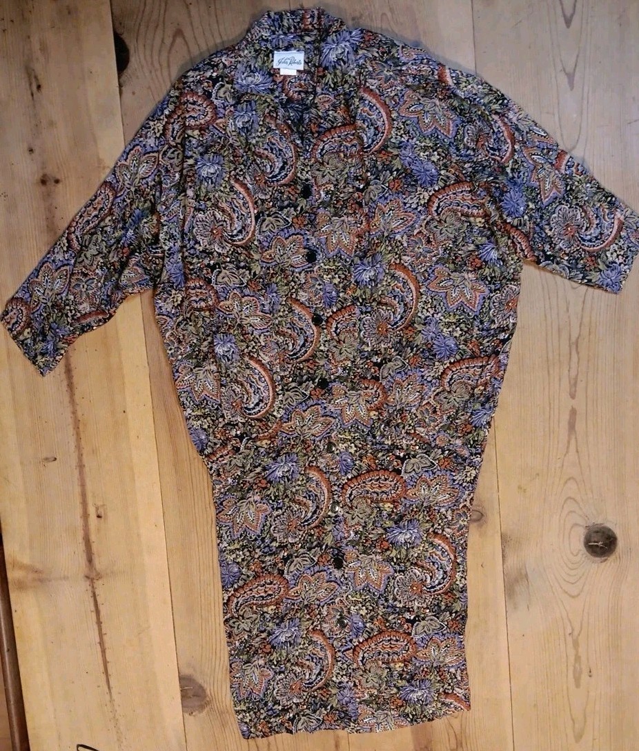 VTG John Roberts Womens 10 Midi Dress Button Front Colorful Paisley Tapered Hem