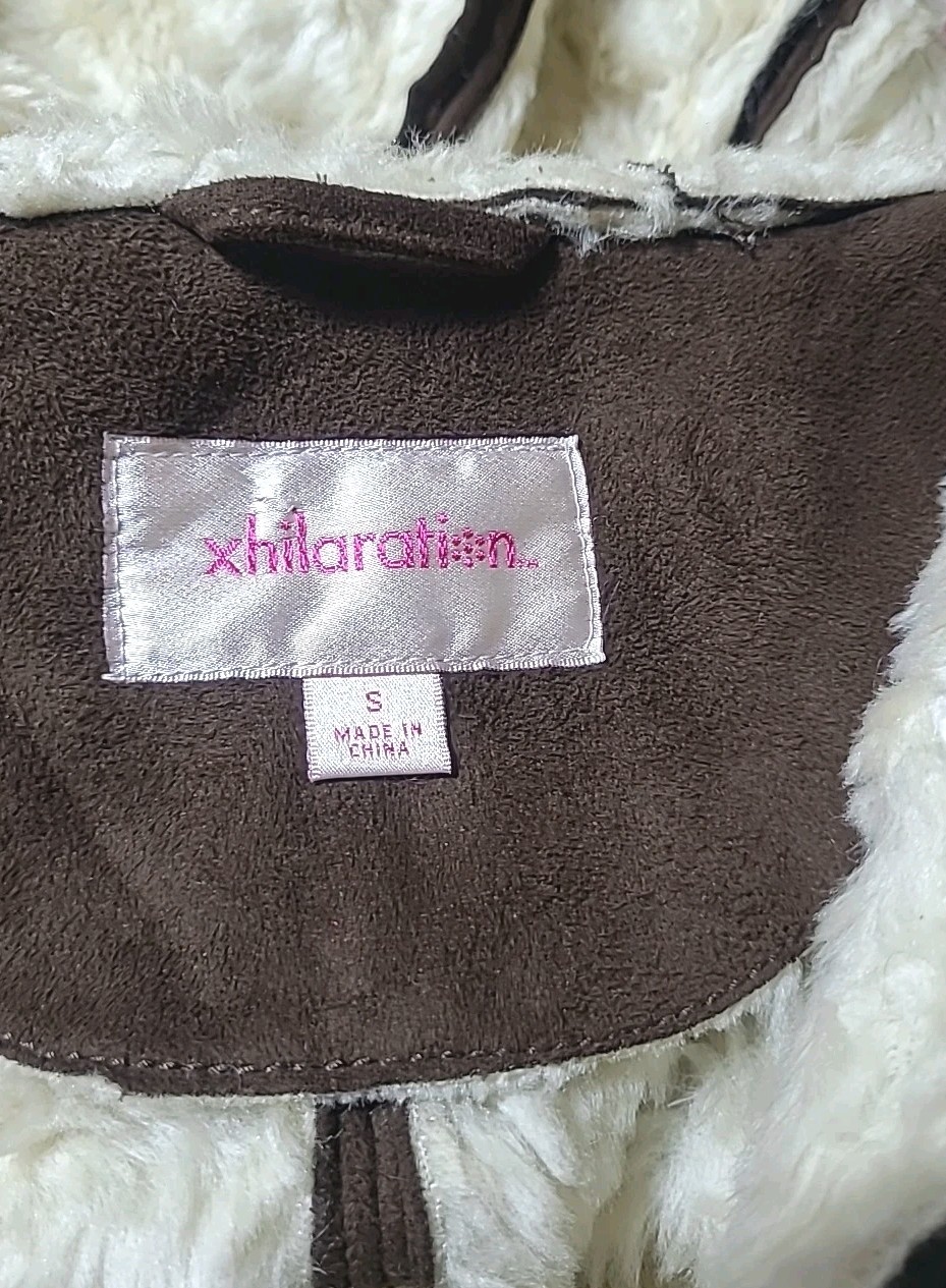 Vintage 90s Y2K Penny Lane Hooded Faux Suede Shearling Xhilaration Coat Jacket S