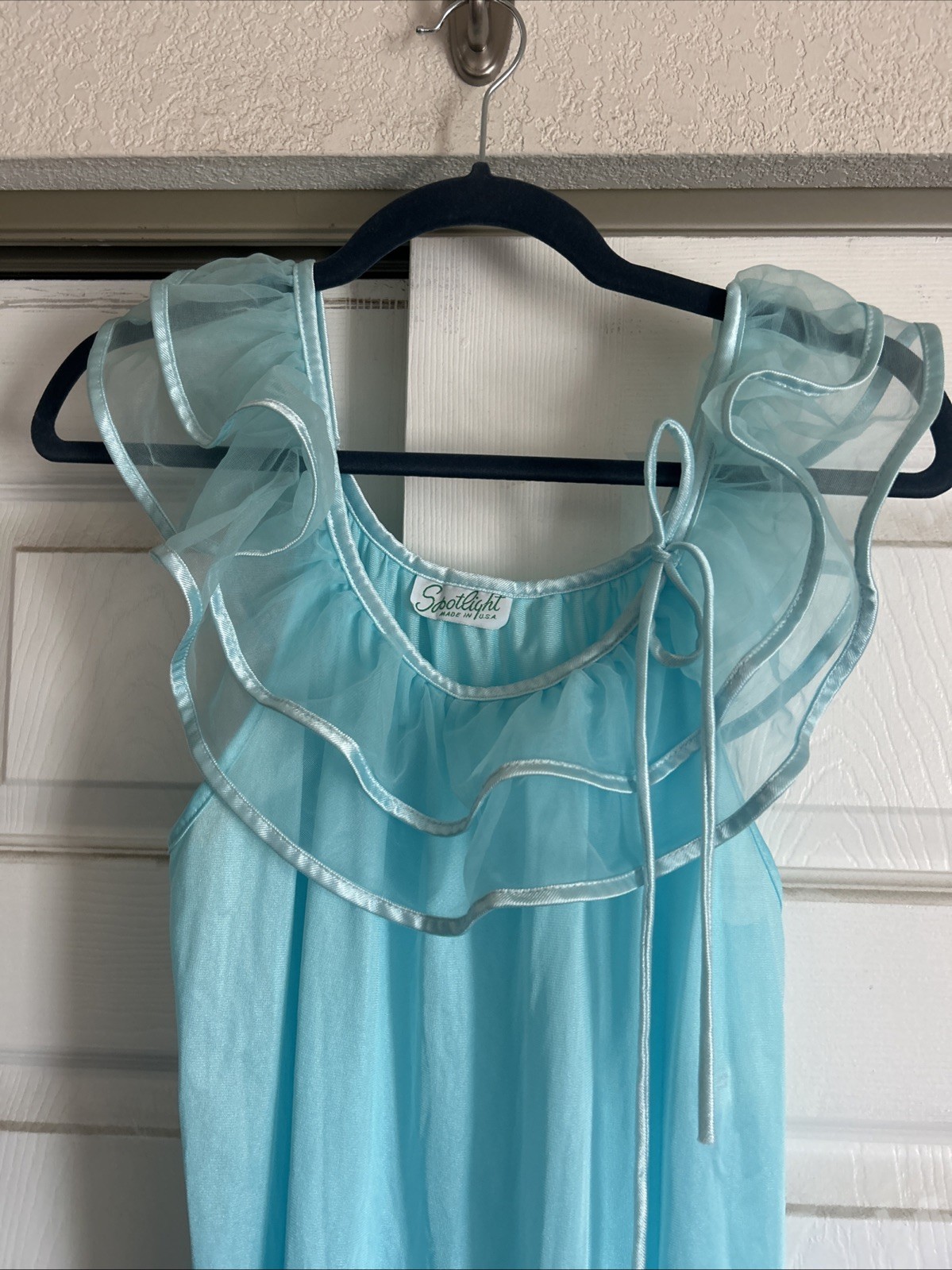 Vintage Spotlight M Nightgown USA Sheer Ruffled Neck W/Bow Ruffled Hem Icy Blue