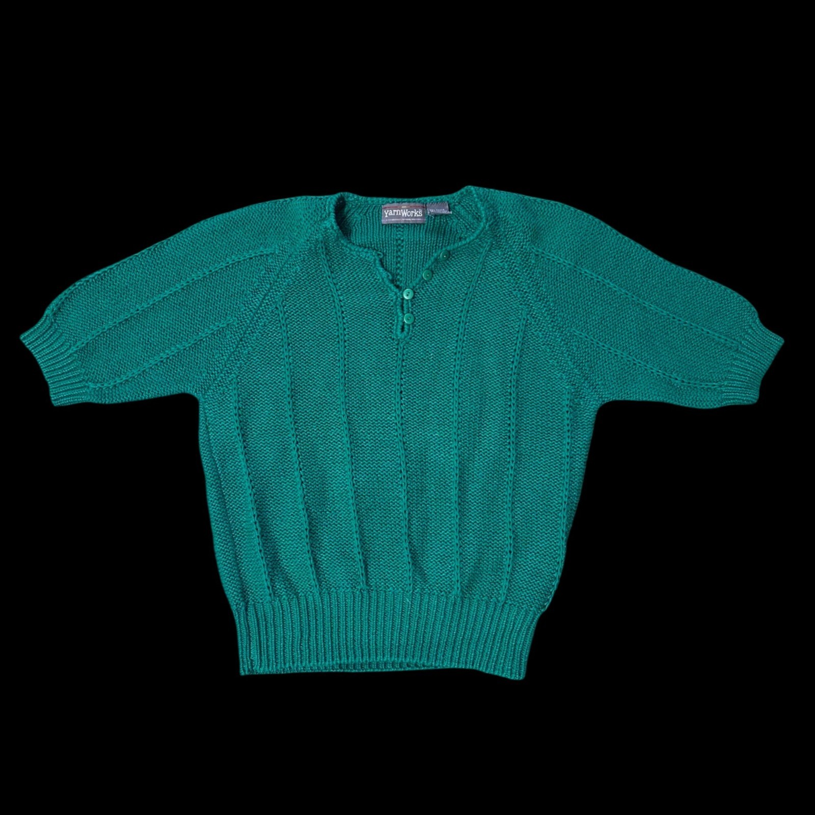 Vintage Green Knit Sweater Medium Short Sleeve Hong Kong Yarnworks 1980s Retro