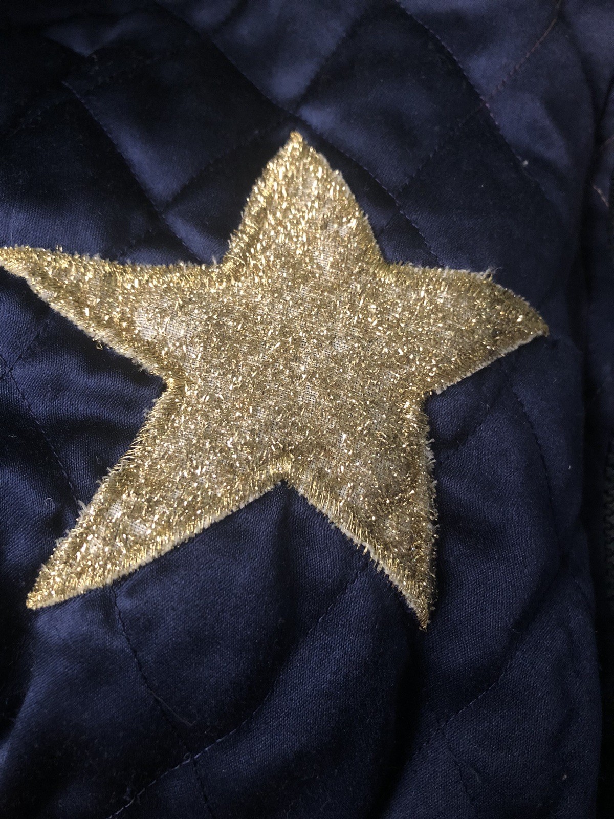 80s Satin Quilted Bomber Puffer Jacket Womens M? Embroidered Gold Stars READ