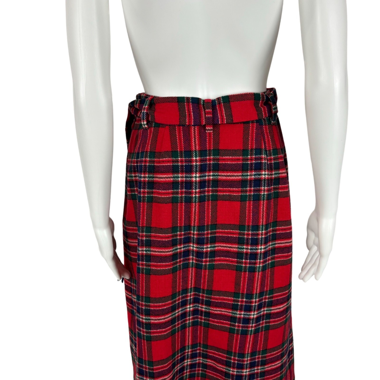Vintage 70s Tartan Skirt Women’s XS Red Wool Plaid Fringe Belt Knee Length