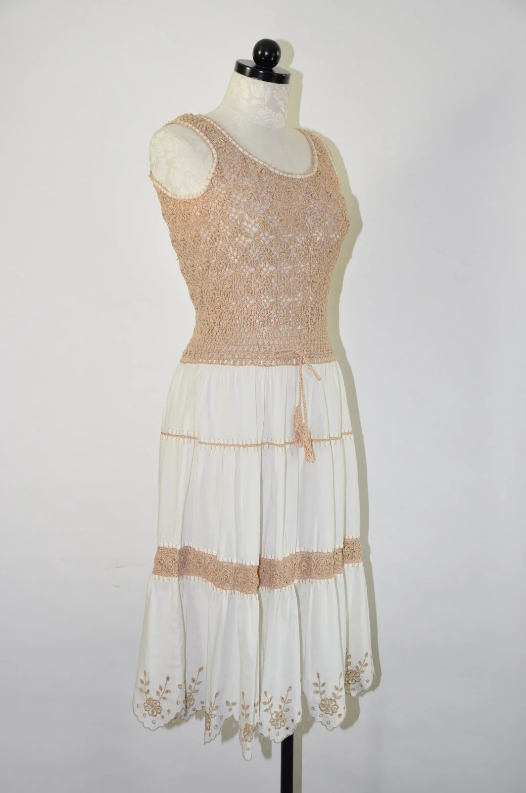 60s Beige White Sheer Crochet Knit Strappy Bohemian Peasant Sundress Women S M