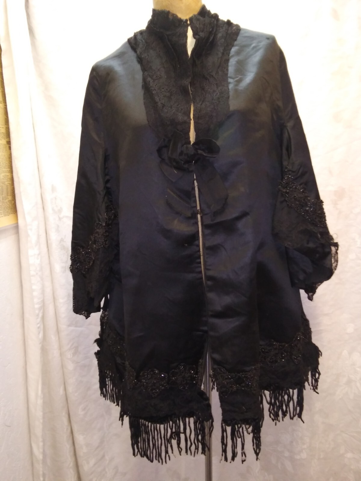 Vintage 1890’s 1900’s Black Satin Rayon Beaded Fringe Lace Coat Size M/L
