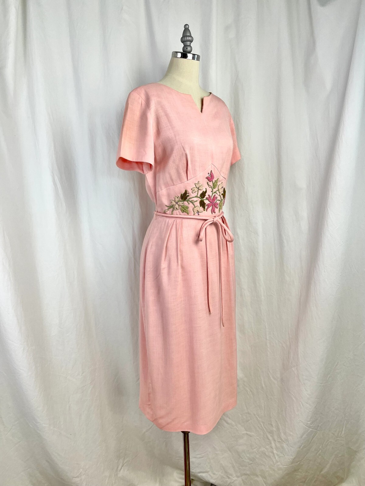 Vintage 60s Small Fashionmaker Original pink with soutache waist belted Dress