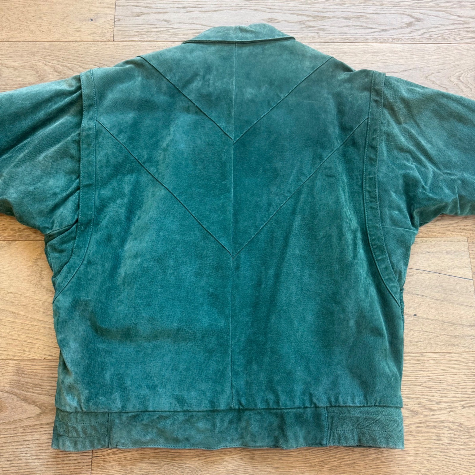 Vintage Avon Fashions Teal Green Suede Leather Bomber Jacket 80s Dolman Sleeve M