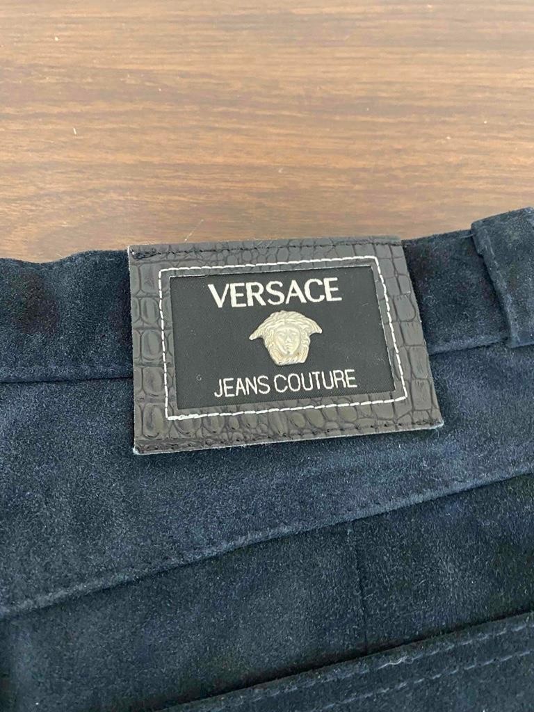 Vintage 1990s Versace Logo Jeans Couture Dark Blue Suede Mini Skirt Size 30/44