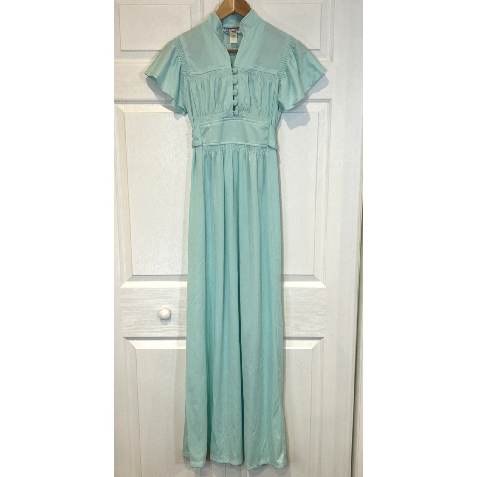 Vtg Trolley Car Maxi Dress Womens Size 7 Mint Green 70s Flutter Sleeve Smocked