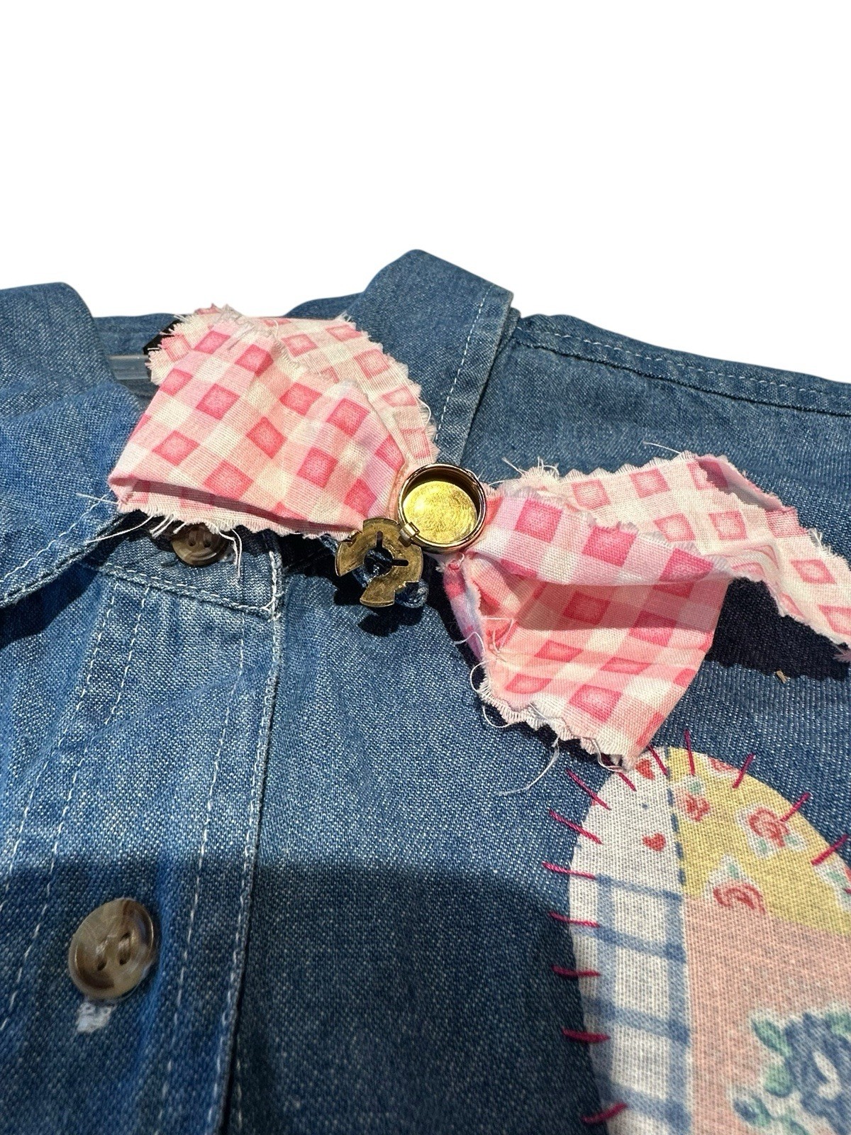 Vtg Western Country 90s Patchwork Denim Top Appliqué Hearts Buttons Lace Large