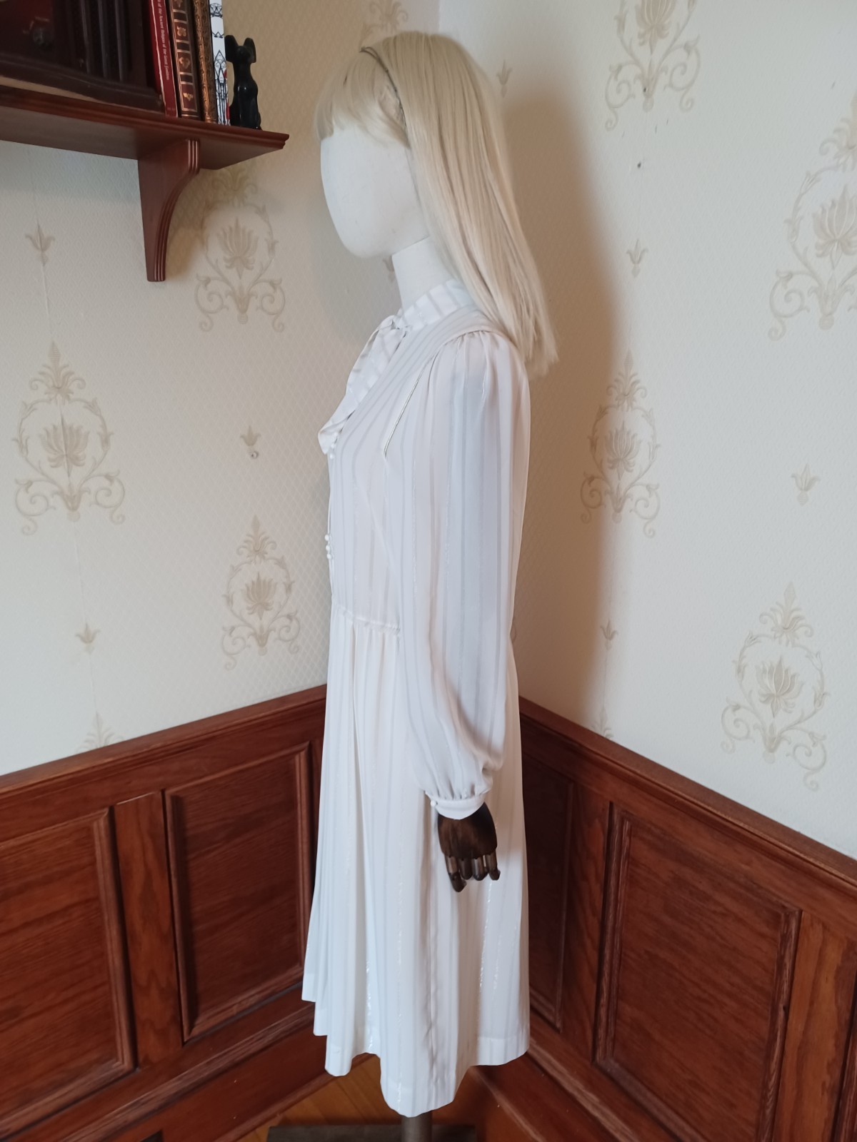 Vintage 70s/80s White Pussybow Semi-Sheer Dress with Gold and Silver Accents