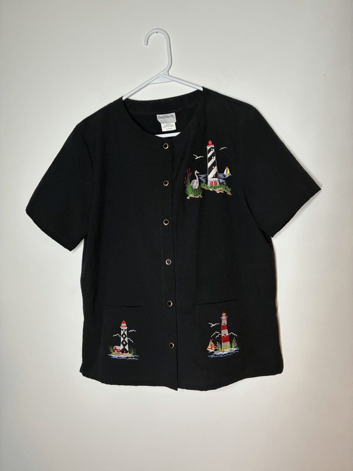 vtg Bon Worth black short-sleeve button-up lighthouse embroidery Lightweight Mp