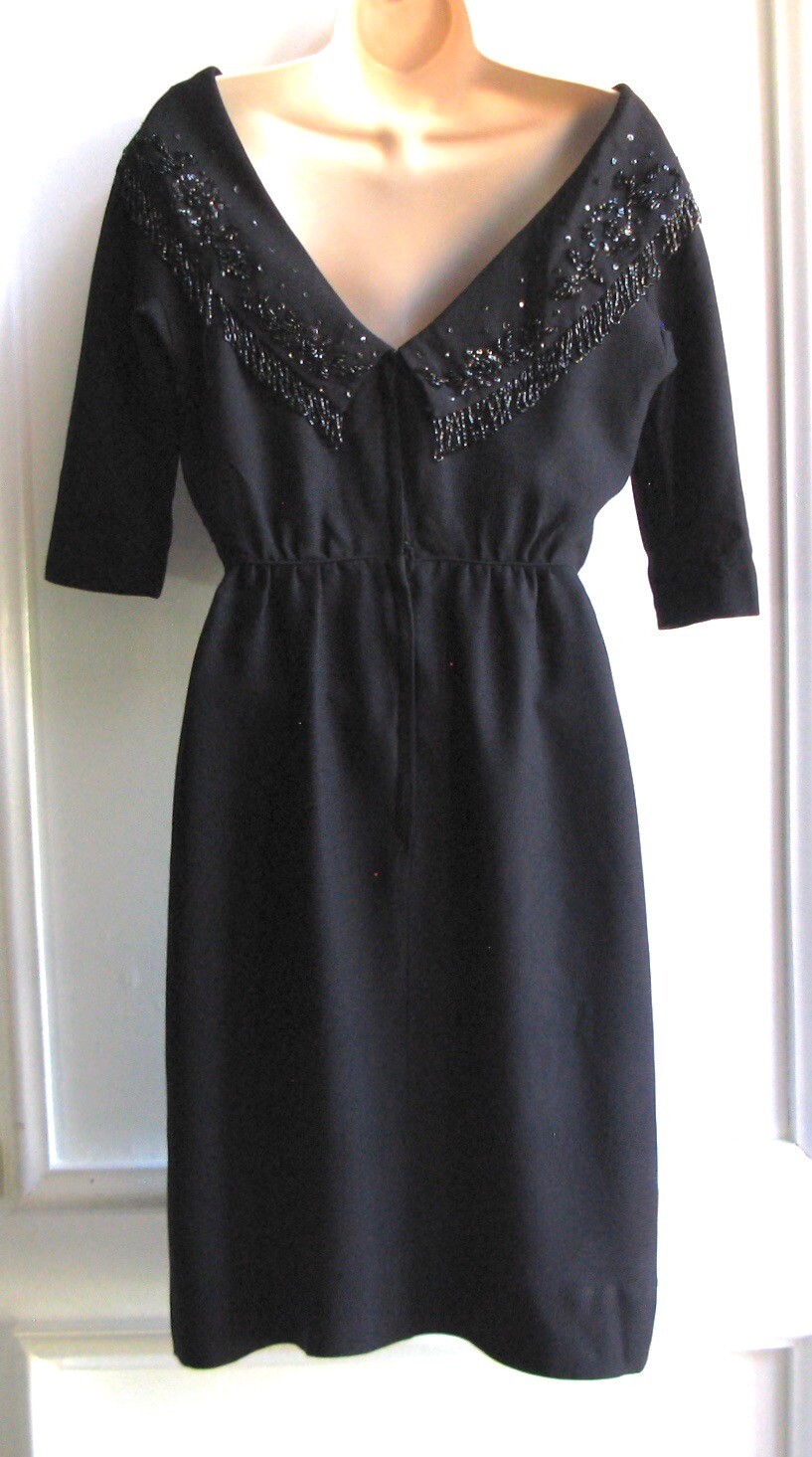 Vtg Elissa of California Dress, Boat Neck, Beaded, Black, Altered, Needs Repair