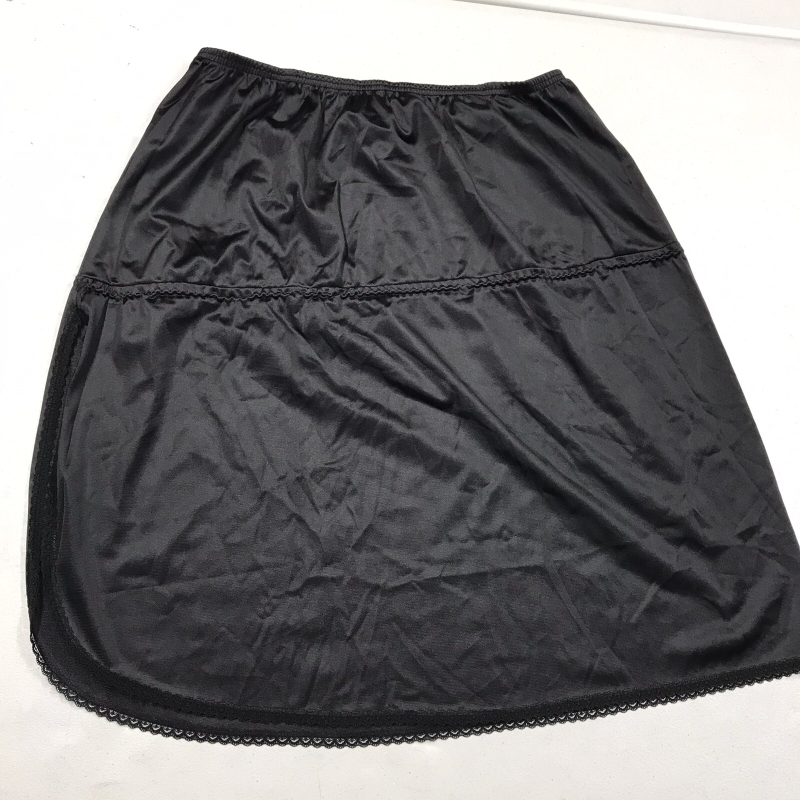 Vintage Vasarette Half Slip Skirt Large Black Lingerie Lace USA Slit 21” Unique