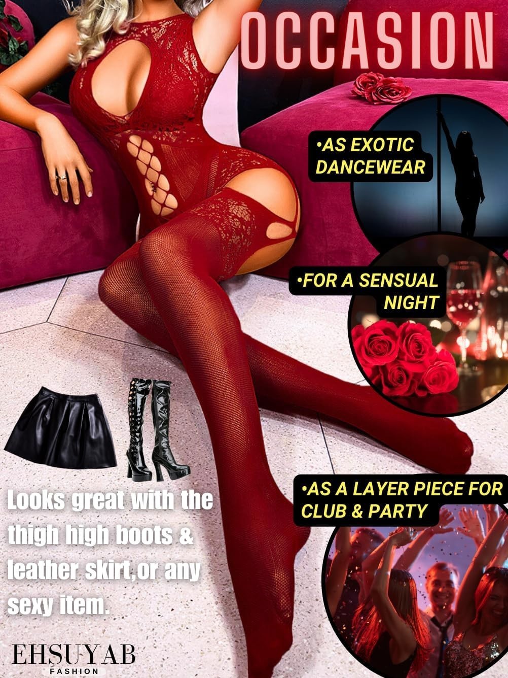 EHSUYAB Women Body Stockings Sexy, Exotic Dancer Fishnets Lingerie Glow Party, F