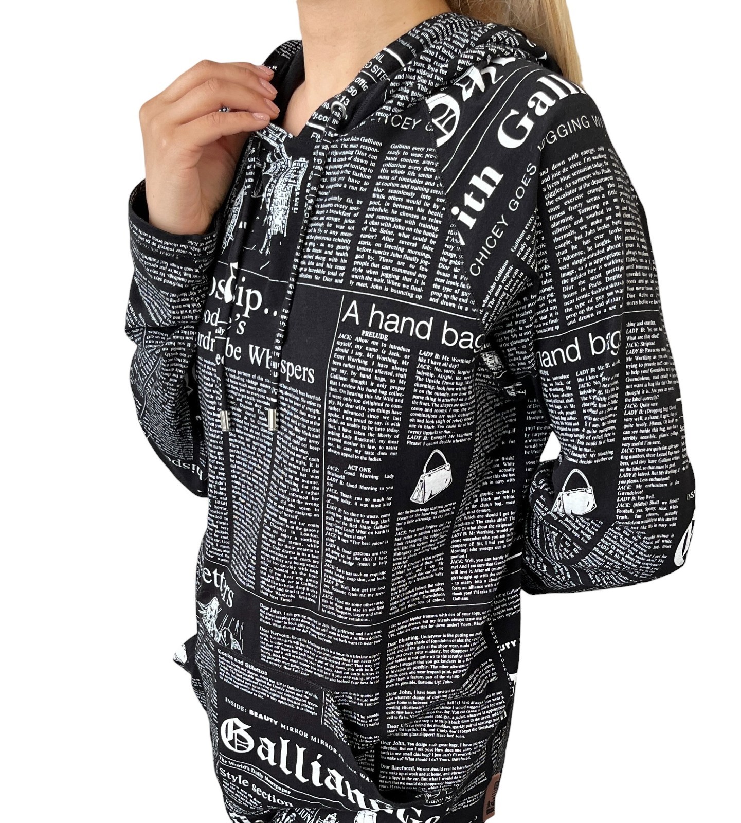 John Galliano Vintage Newspaper Print Hoodie Top Pants Set #XS Black 902549